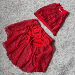2/$20 Shimmering Red Dance High Neck, Illusion Neckline Skirt Set